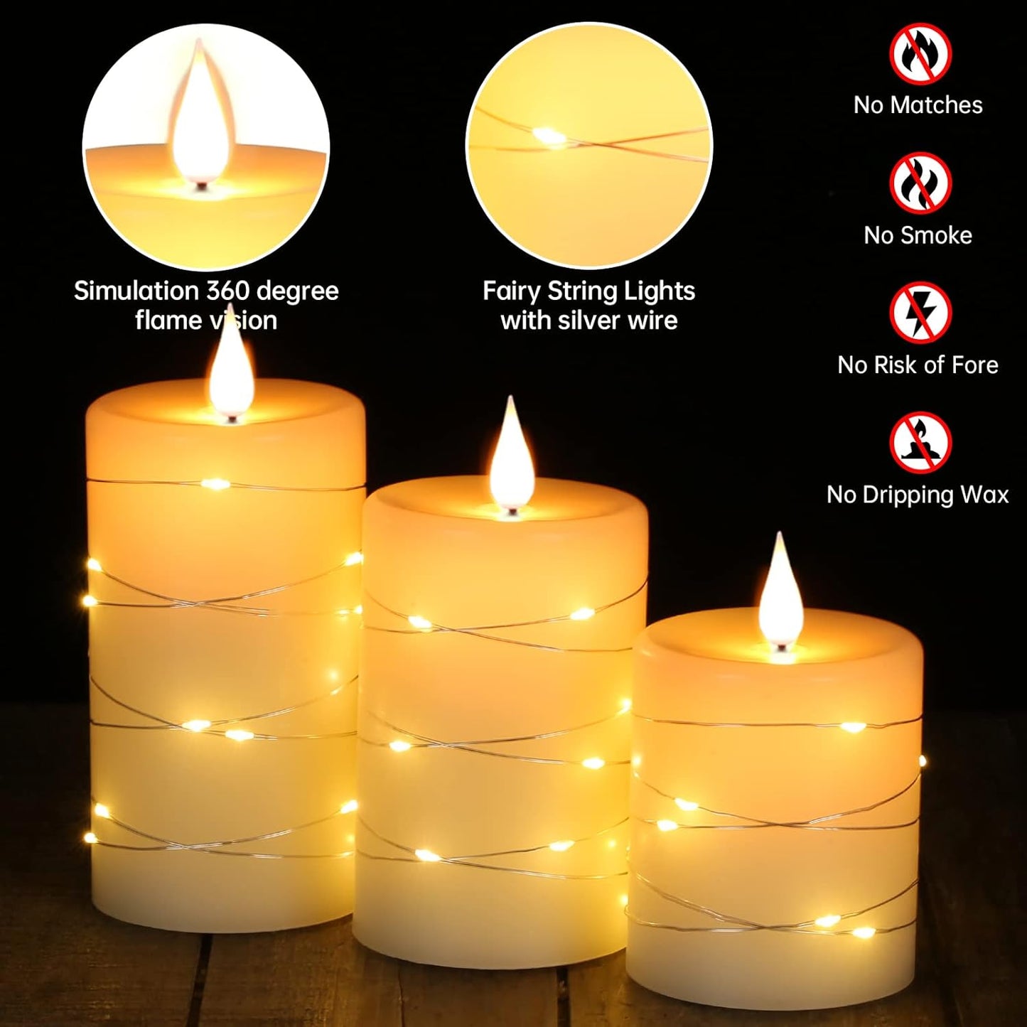Flameless Candles with String Lights,Battery Operated Candles,Led Flickering Candles with Remote Control and Timer, Real Wax, 3 Pack-Ivory