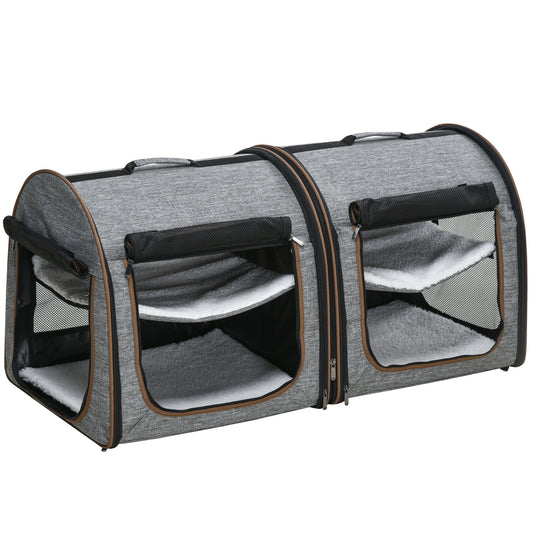 Portable Soft-Sided Pet Cat Carrier with Divider, Two Compartments, Padded and Storage Bag, Grey