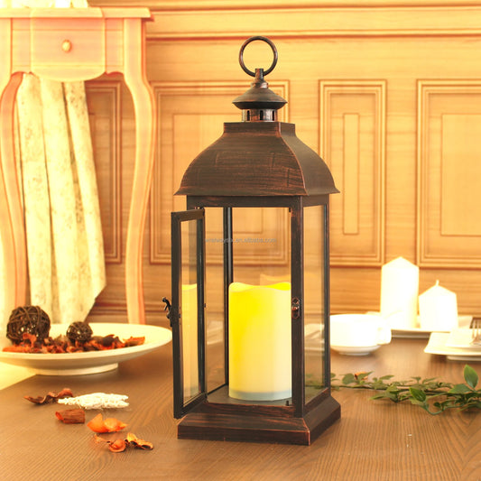 16" Battery Operated LED Lantern - Flameless Candle with Timer, Indoor/Outdoor Decorative Bronze - Deribla Store