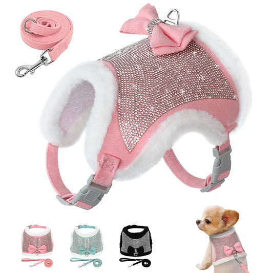 Rhinestone Dog Harness & Leash Set - Soft Warm Vest with Bowknot for Small Dogs & Cats - Deribla Store