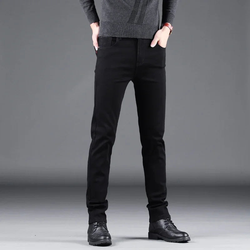 Spring Autumn New Men's Pure Black Slim Jeans Elastic Straight