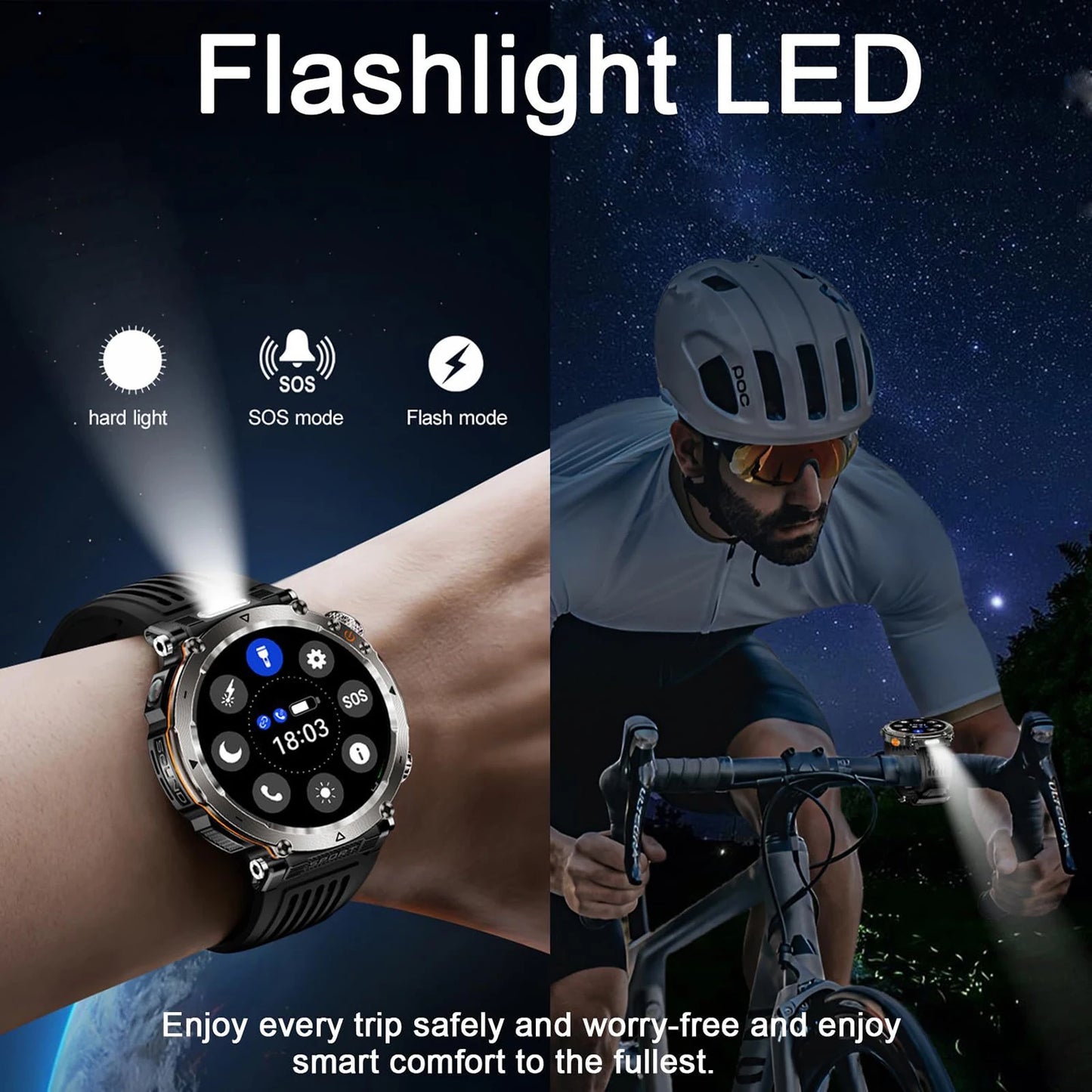 New 5ATM Outdoor Smart Watch Men 600mAh LED Flashlight