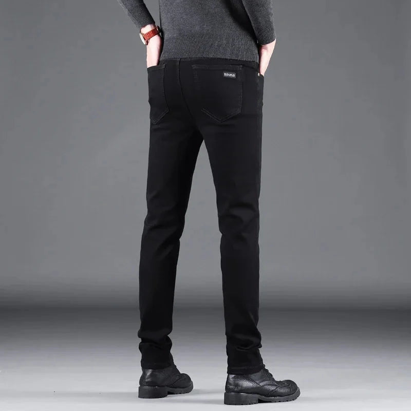 Spring Autumn New Men's Pure Black Slim Jeans Elastic Straight Deribla Store
