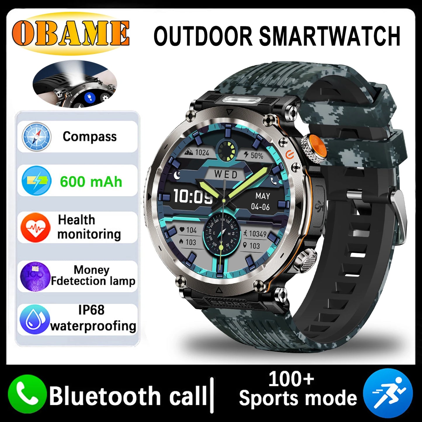New 5ATM Outdoor Smart Watch Men 600mAh LED Flashlight