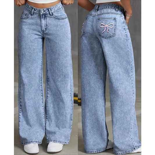 Denim Wide Leg Jeans High waisted  Bow Embroidered Pocket Wide Deribla Store