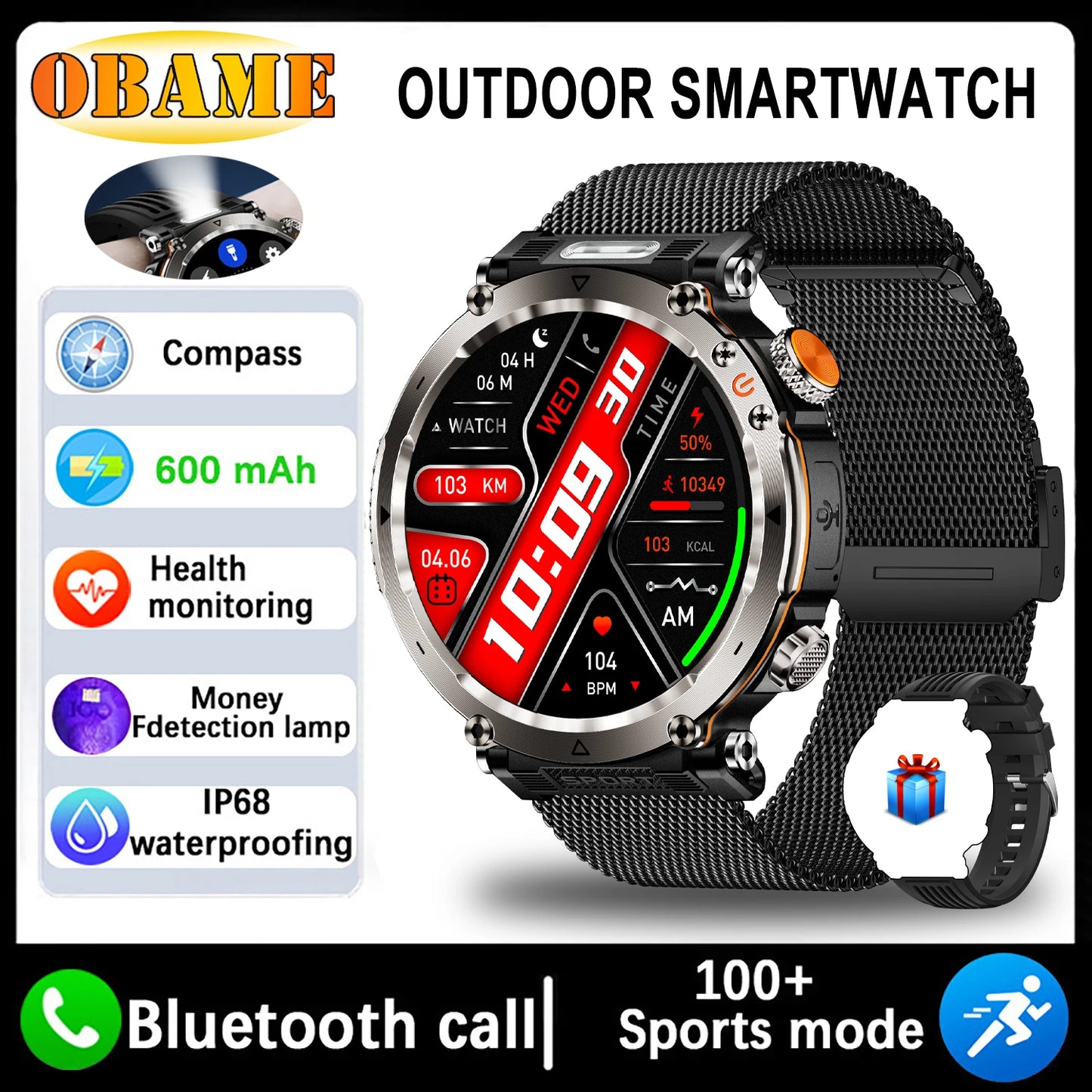 New 5ATM Outdoor Smart Watch Men 600mAh LED Flashlight