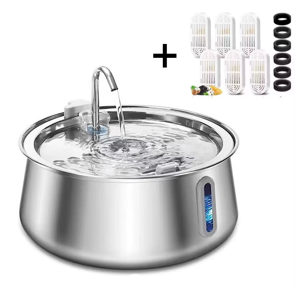 304 Stainless Steel Pet Water Fountain 4L/134 Oz Cat Automatic Water Fountain with Faucet Silent Filter Clear Window