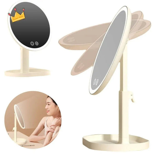Removable Makeup Mirror with LED Light Tricolor Light Rotatable Adjustable Desktop Mirror Touch Control Stepless Dimming - Deribla Store
