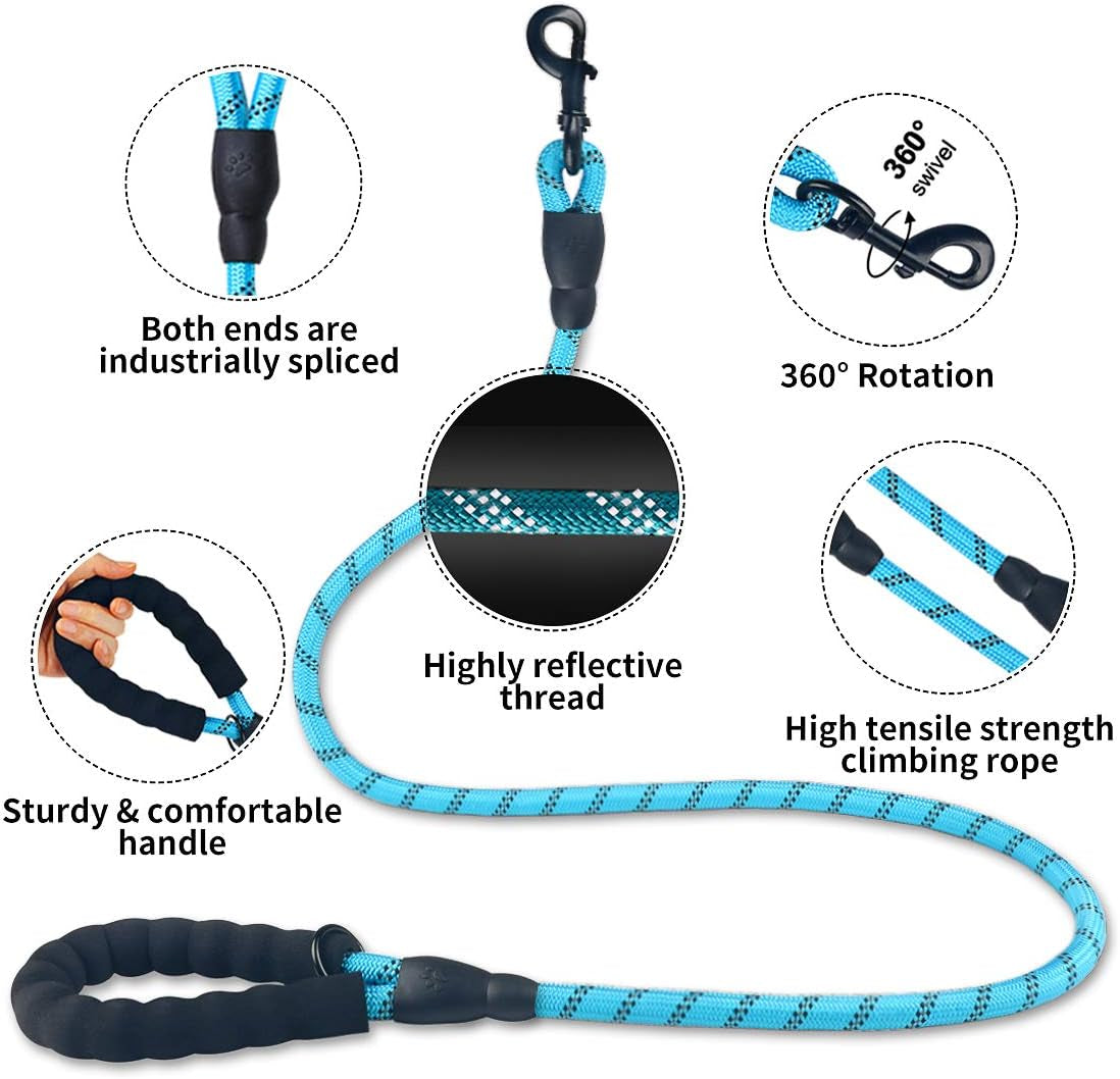 Dog Leash - 2FT/5FT/6FT Thick Nylon Rope with Comfortable Padded Handle, Reflective, Collapsible Pet Bowl & Garbage Bags (Blue, 1/3" X 5 FT)