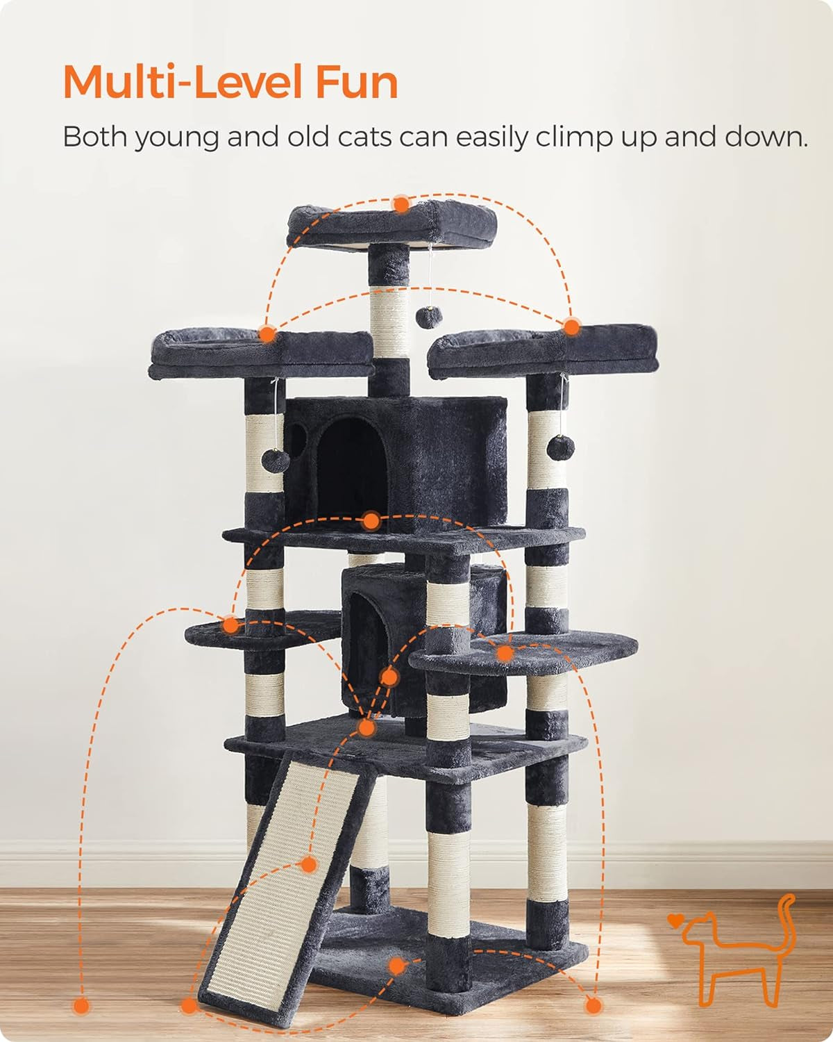 67 Inches Multi-Level Cat Tree for Large Cats, with Cozy Perches, Stable, Smoky Gray UPCT18G