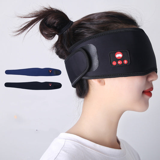 Meditation Eye Mask shown on a woman, featuring Bluetooth controls for smart music sleep aid.