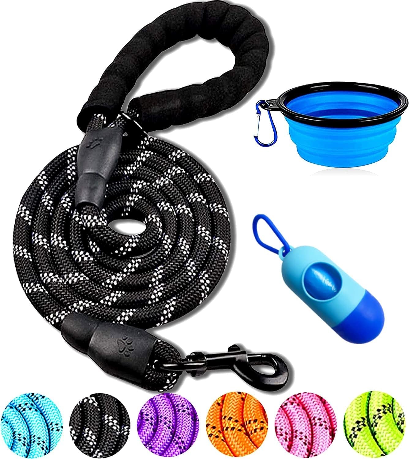 Dog Leash - 2FT/5FT/6FT Thick Nylon Rope with Comfortable Padded Handle, Reflective, Collapsible Pet Bowl & Garbage Bags (Blue, 1/3" X 5 FT)