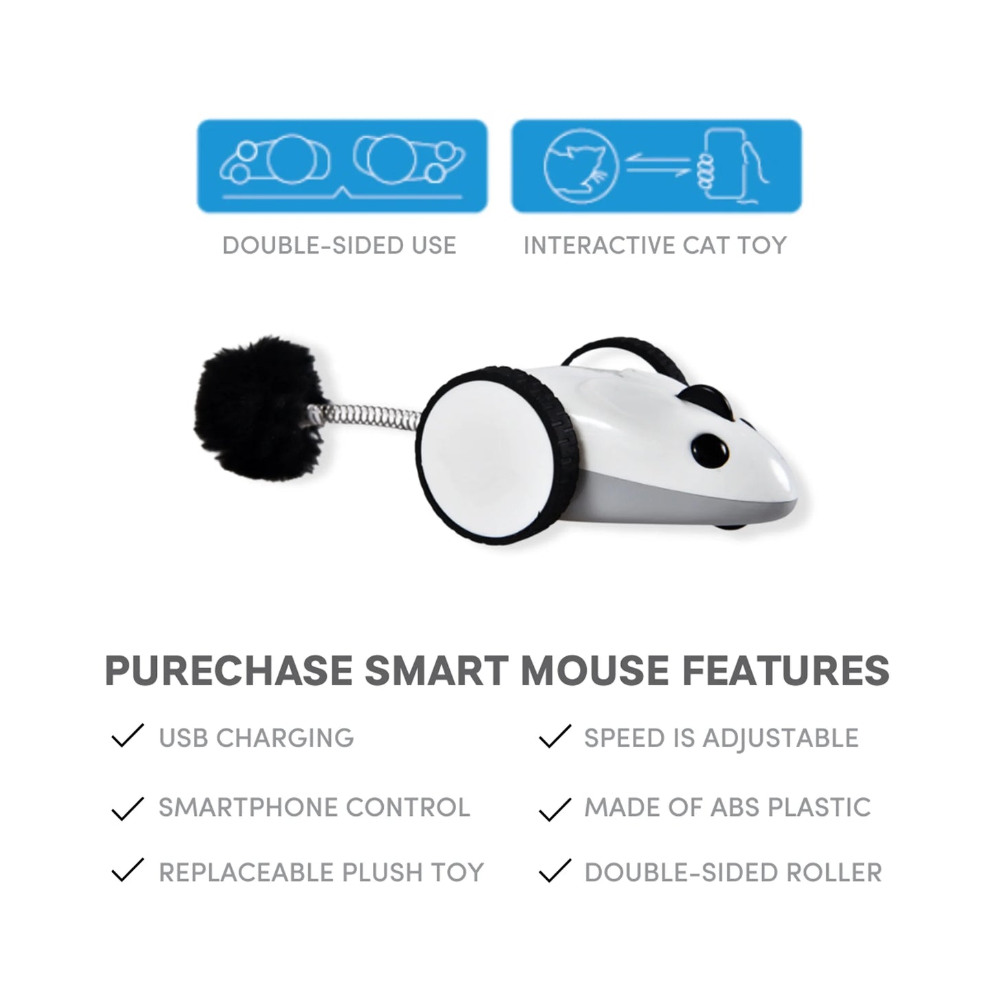 Purechase Smart Cat Toy, Interactive Automatic Mouse Shaped Toy for Pets, App Enabled with Adjustable Speed, Flip Modes, Replaceable Plush Tail and USB Charging for Kittens and Dogs