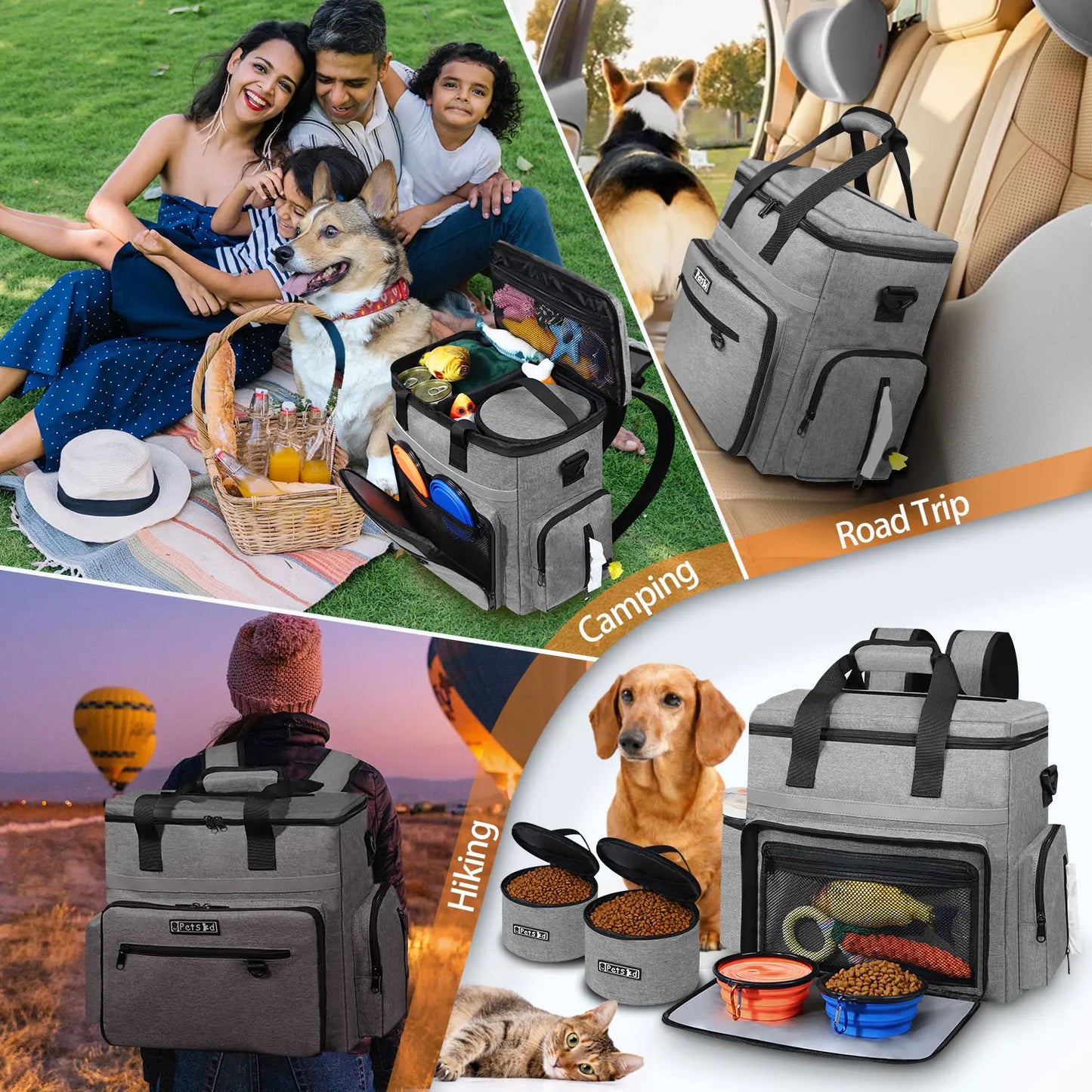 Outdoor Dog Organizer Bag with Bowl Set Traveling Storage Bag Large Multi-Function Pockets Pet Food Container Backpack