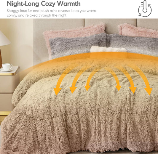 Malea Shaggy Comforter Set, Long Faux Fur Cozy down Alternative, Modern Casual Ultra Soft All Season Fluffy Bedding with Matching Sham, King/Cal King, Grey 3 Piece