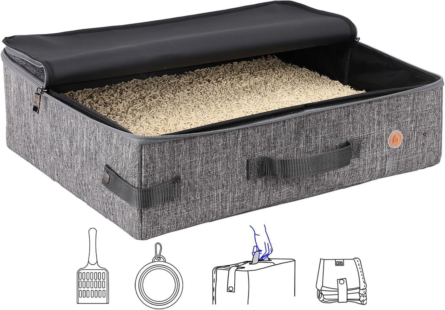 Portable Cat Travel Litter Box with Zipped Lid to Keep Everything Contained. No Odor, Leakage and Messes. Easy to Carry, Clean and Use in Car, Hotel, Aiarplane. (Large, Grey)
