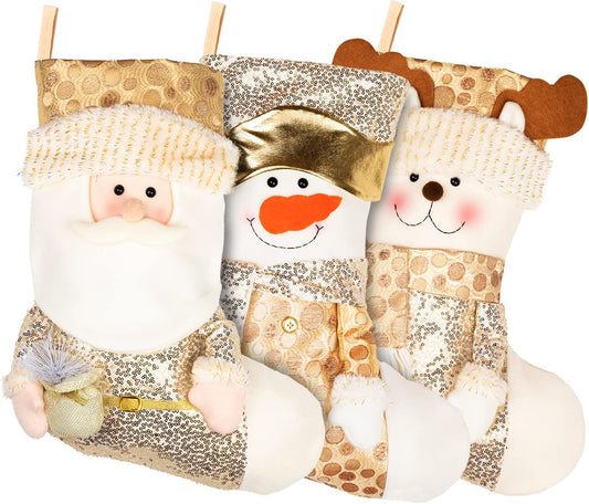JR.WHITE Christmas Stocking Set, Large Christmas Stocking 18", Gold Sequin Christmas Stocking with Santa, Snowman, Reindeer, Christmas Stocking 3 Pack for Kids, Child, Girls
