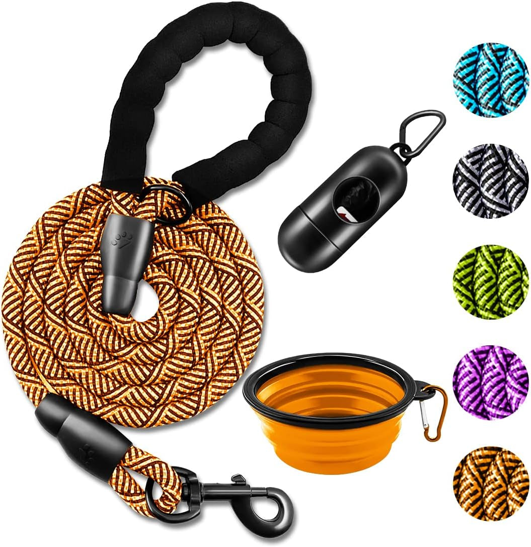 Dog Leash - 2FT/5FT/6FT Thick Nylon Rope with Comfortable Padded Handle, Reflective, Collapsible Pet Bowl & Garbage Bags (Blue, 1/3" X 5 FT)