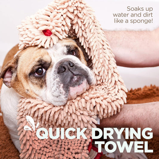 Soggy Doggy Super Shammy Dog Towel - Microfiber Chenille Towel for Drying Dogs and Cleaning Paws - Fast Drying with Hand Pockets for Ease (Beige/Red Trim, 31” X 14”)