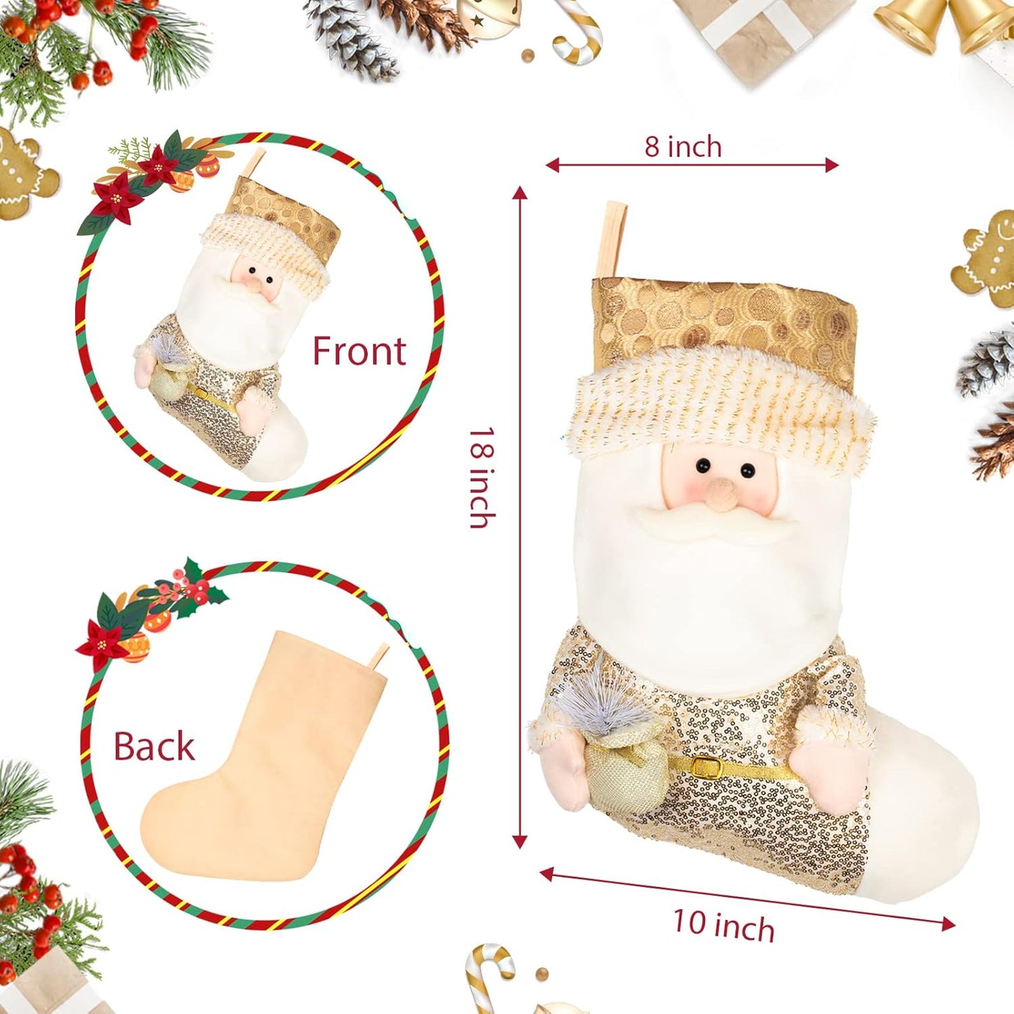 JR.WHITE Christmas Stocking Set, Large Christmas Stocking 18", Gold Sequin Christmas Stocking with Santa, Snowman, Reindeer, Christmas Stocking 3 Pack for Kids, Child, Girls