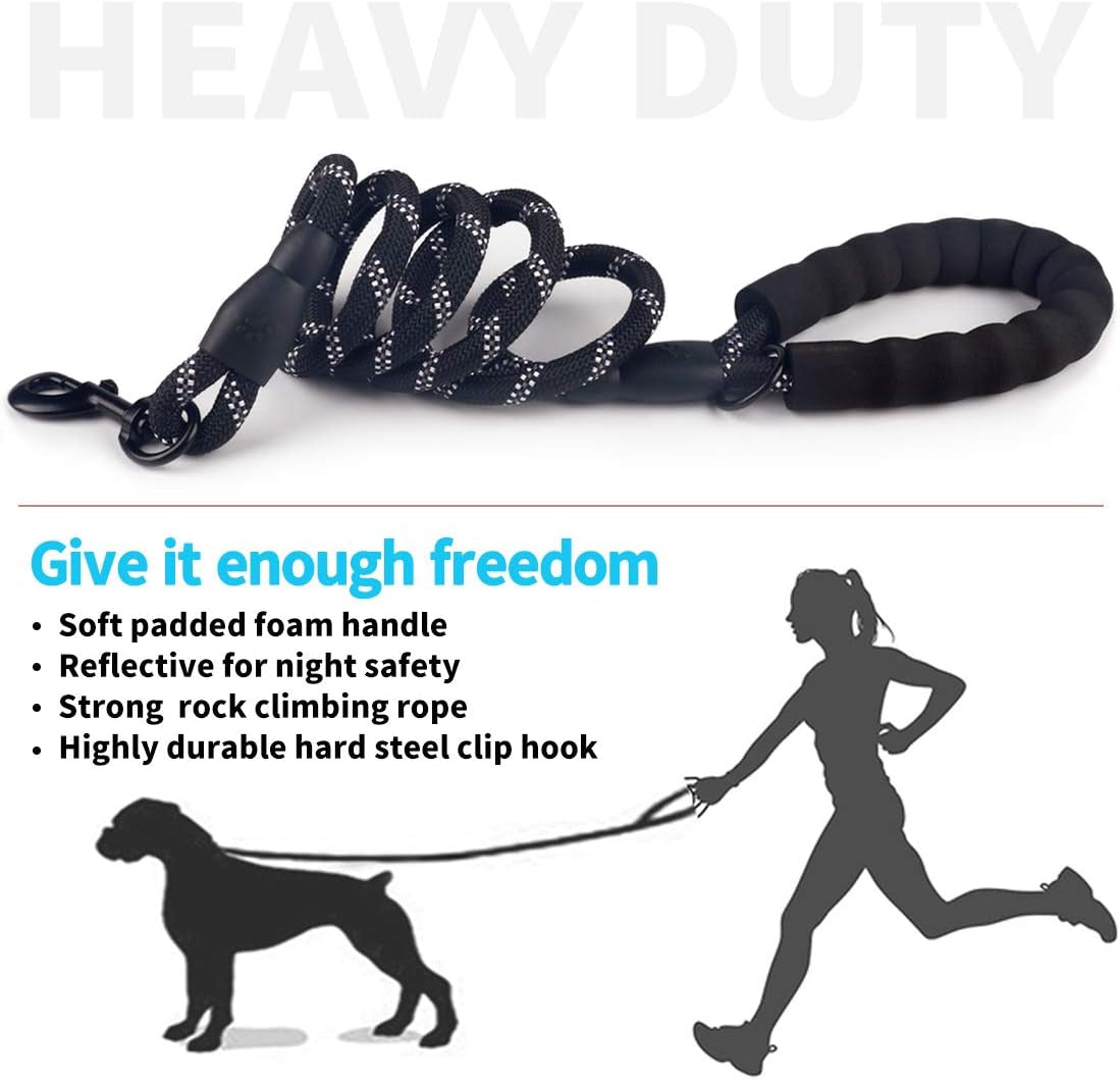 Dog Leash - 2FT/5FT/6FT Thick Nylon Rope with Comfortable Padded Handle, Reflective, Collapsible Pet Bowl & Garbage Bags (Blue, 1/3" X 5 FT)