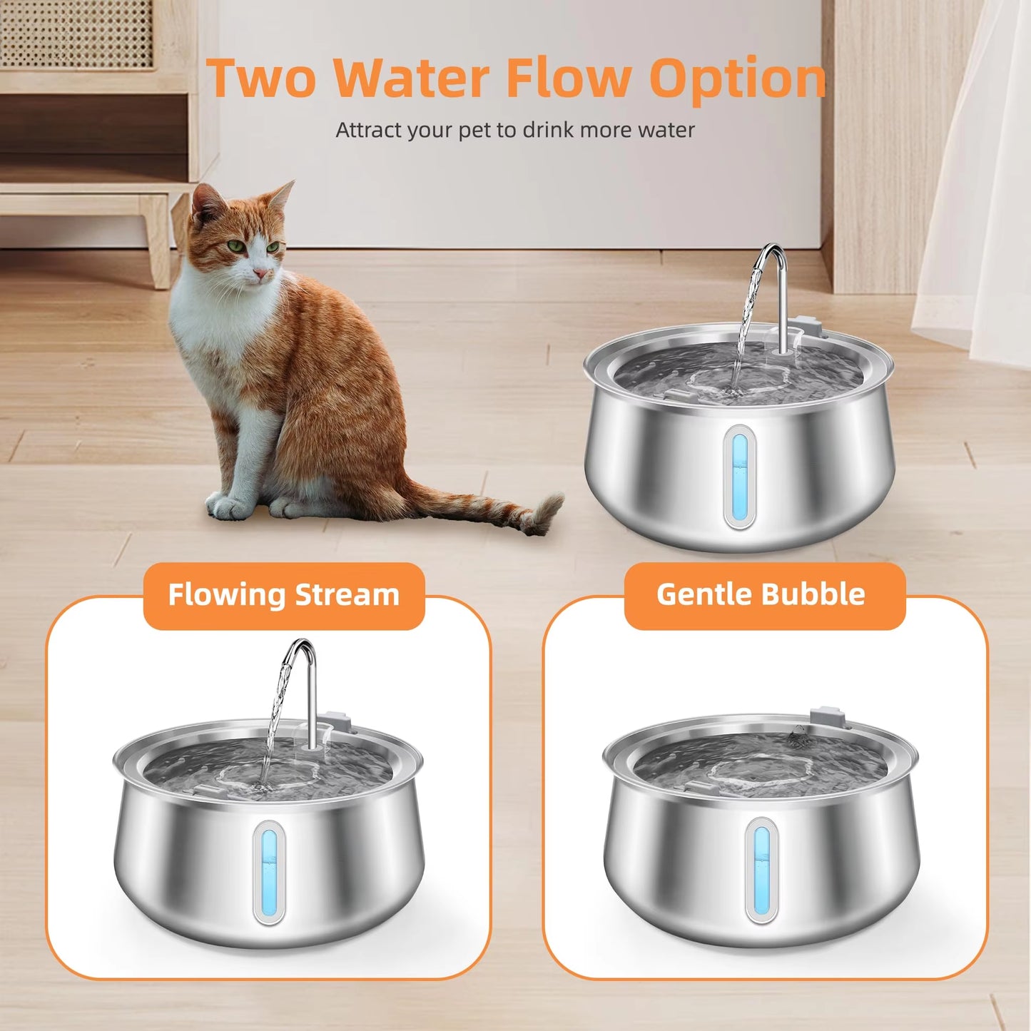 304 Stainless Steel Pet Water Fountain 4L/134 Oz Cat Automatic Water Fountain with Faucet Silent Filter Clear Window
