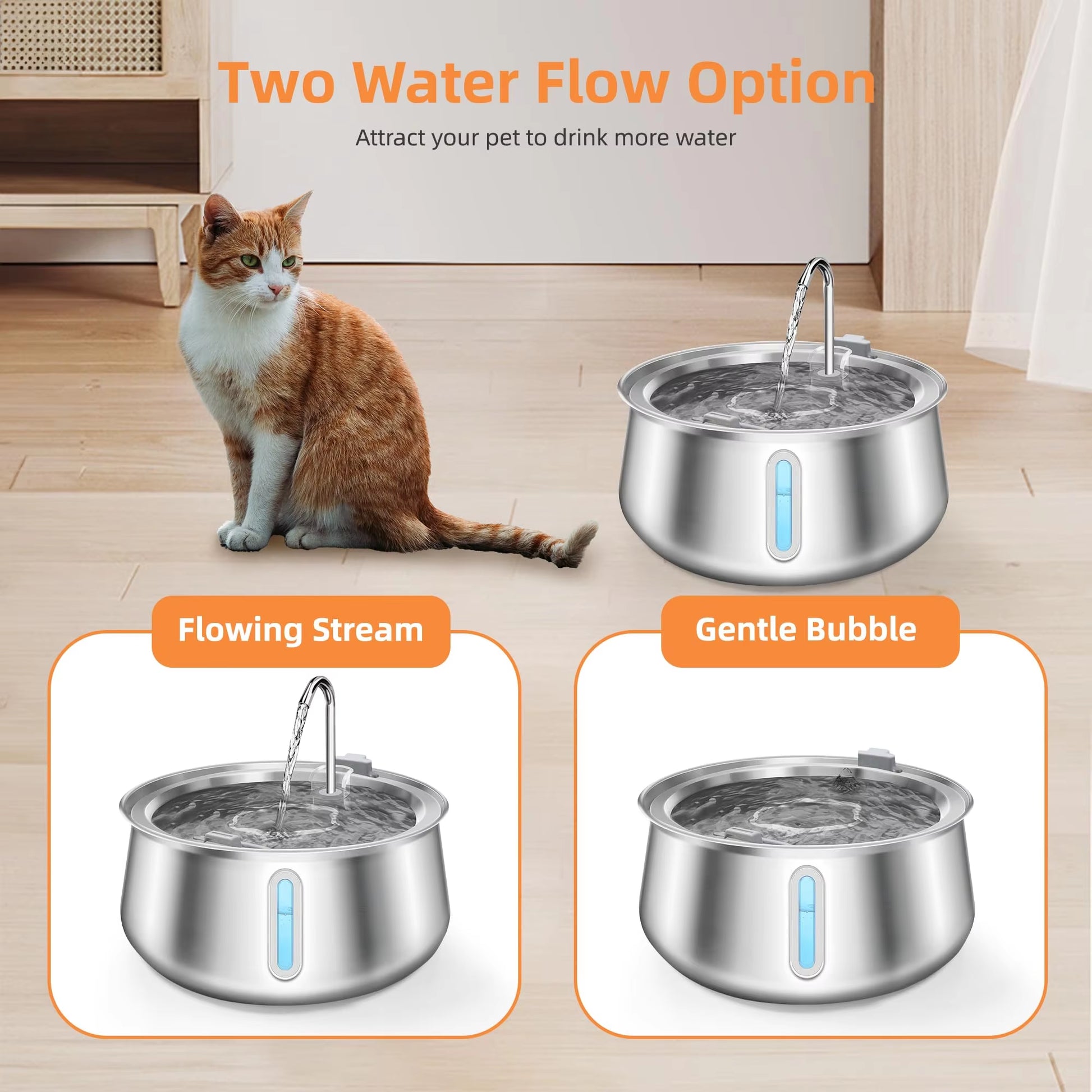 304 Stainless Steel Pet Water Fountain 4L/134 Oz Cat Automatic Water Fountain with Faucet Silent Filter Clear Window