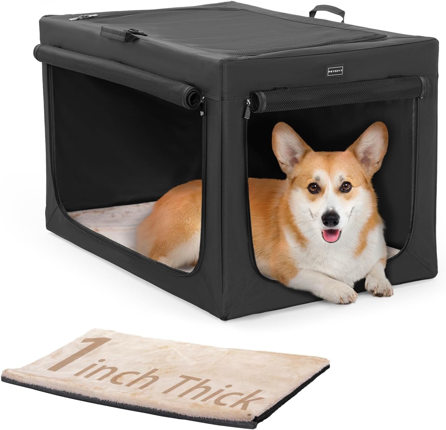 Portable Dog Crate, Soft Dog Crate - 24 Inch Easy Set-Up, Light, Sturdy, Comfy inside with Thicken Mat, Collapsible Crate for Home and Travel Black