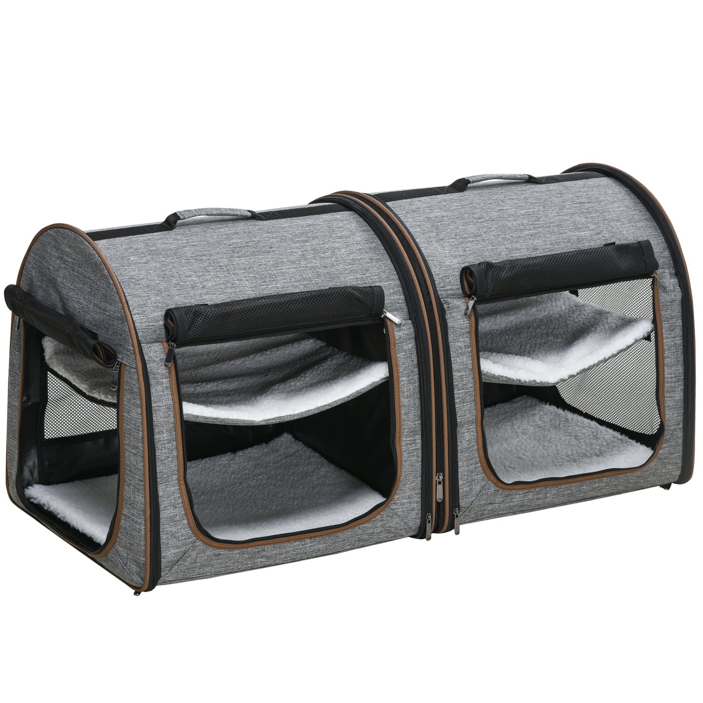 Portable Soft-Sided Pet Cat Carrier with Divider, Two Compartments, Padded and Storage Bag, Grey