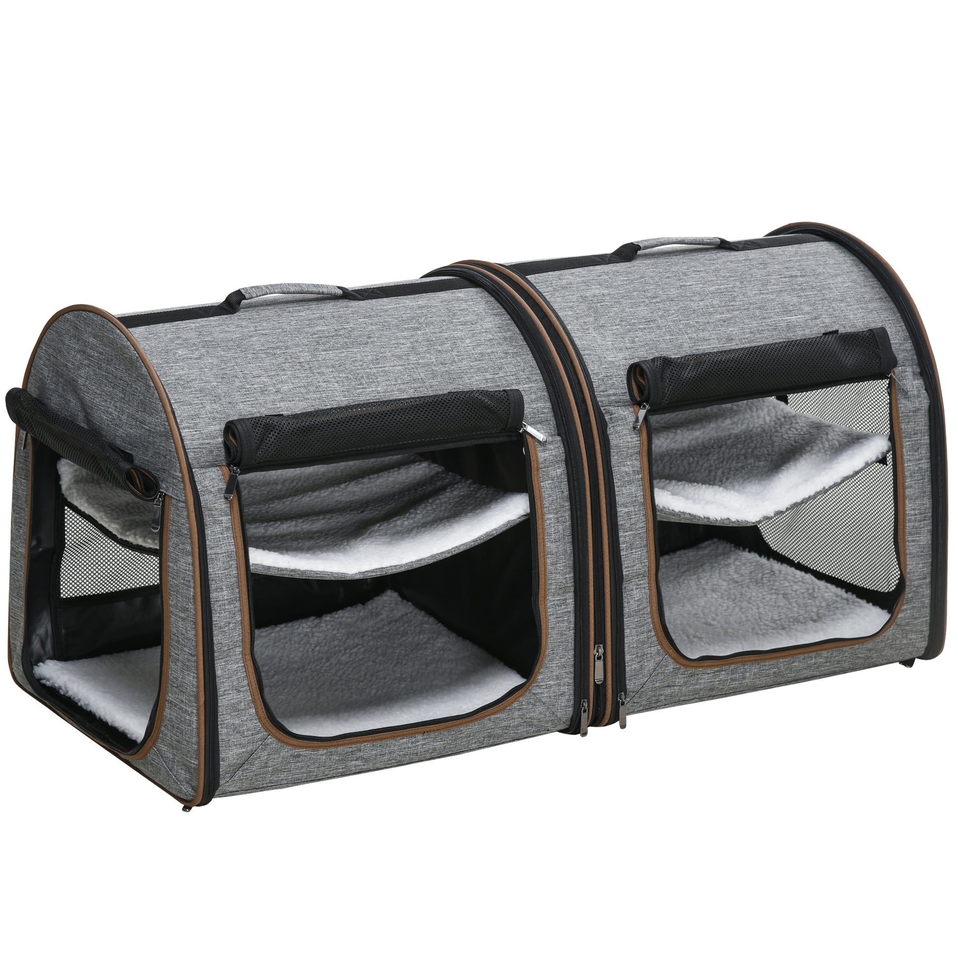 Portable Soft-Sided Pet Cat Carrier with Divider, Two Compartments, Padded and Storage Bag, Grey