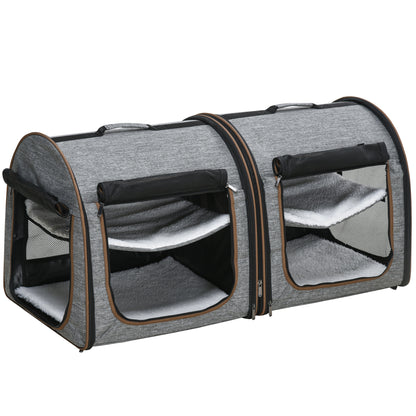 Portable Soft-Sided Pet Cat Carrier with Divider, Two Compartments, Padded and Storage Bag, Grey