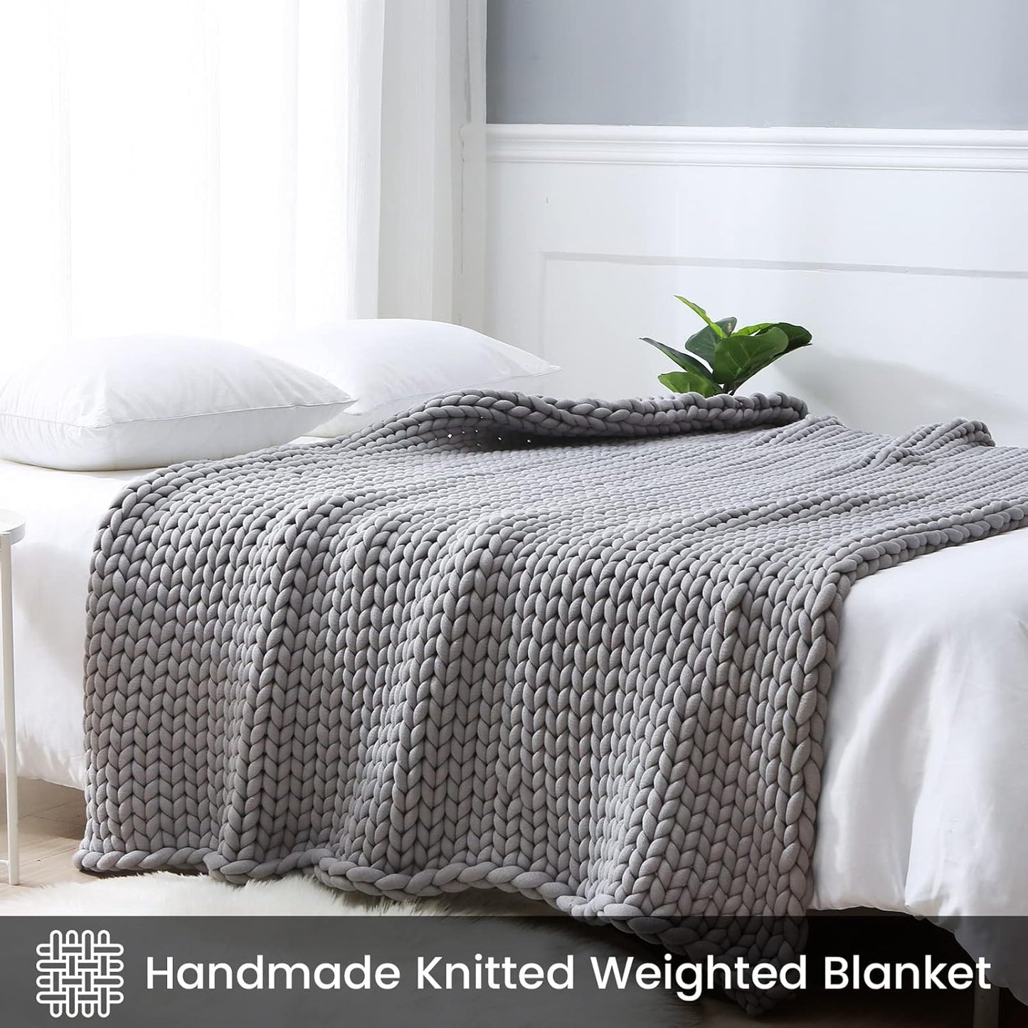 Chunky Knitted Weighted Blanket (Light Grey, 48''X72'', 12 Lbs), Cool Weighted Blanket Twin Size for Couch Bed, Handmade Breathable Evenly Weighted Throw for Sleep, Perfect for Home Decor