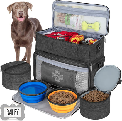 Dog Travel Bag Airline Approved Pet Travel Set for Dog and Cat Tote Organizer with Multi Function Pockets, 2 Food Containers and Collapsible Bowls, Weekend Away Dog Bag for Travel Accessories
