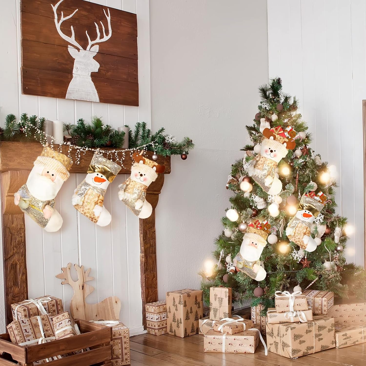 JR.WHITE Christmas Stocking Set, Large Christmas Stocking 18", Gold Sequin Christmas Stocking with Santa, Snowman, Reindeer, Christmas Stocking 3 Pack for Kids, Child, Girls