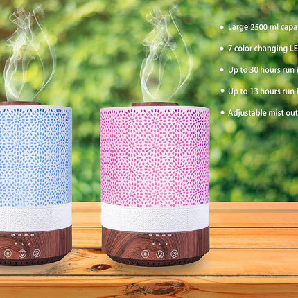 2500 ML XL Essential Oil Diffuser for Large Room Aroma Humidifier Home Decor Bed Baby Room Big Huge 2.5 L Capacity Long Run Color Lights Decorative Design High Mist Dark Wood Grain F004