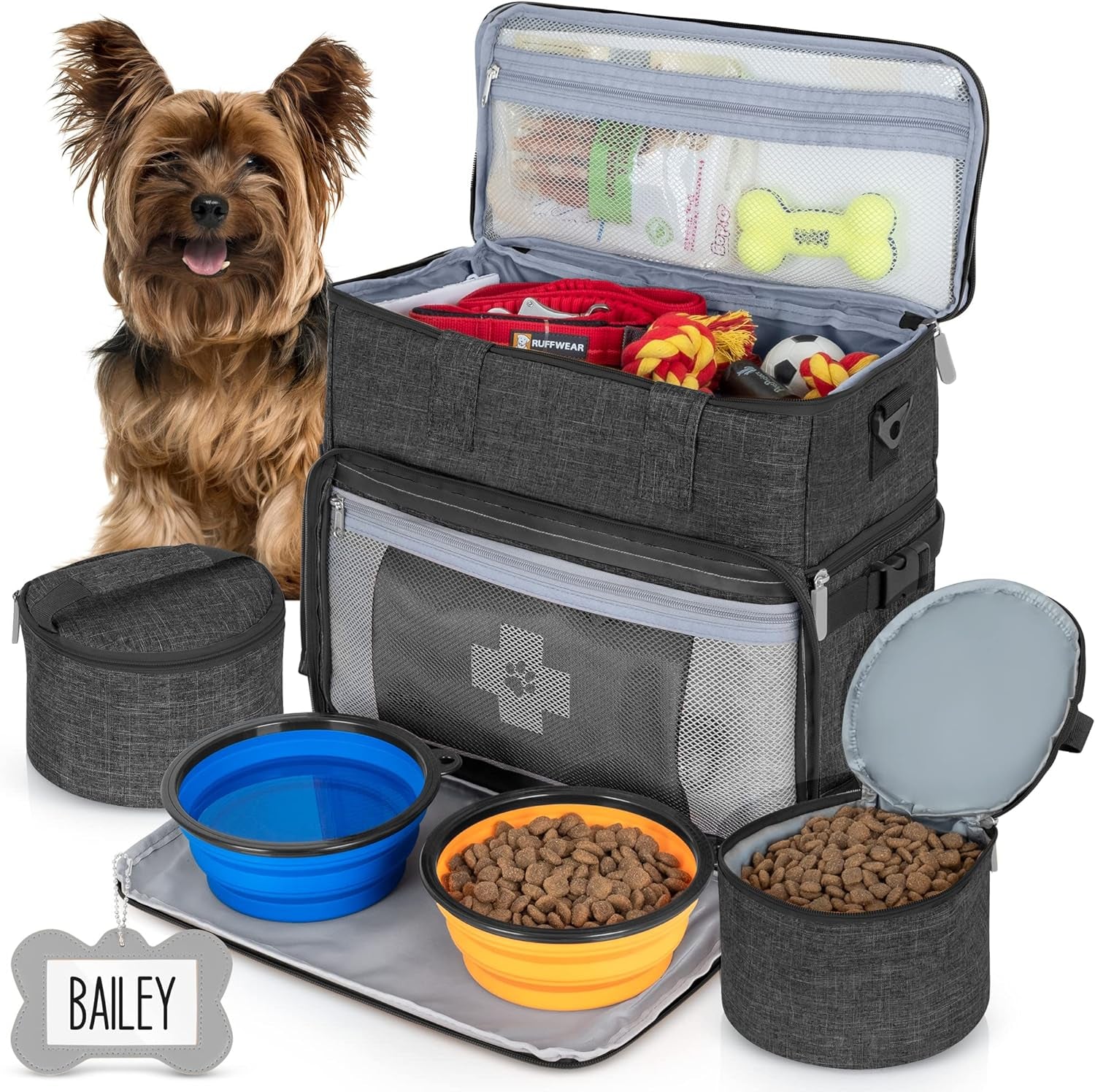 Dog Travel Bag Airline Approved Pet Travel Set for Dog and Cat Tote Organizer with Multi Function Pockets, 2 Food Containers and Collapsible Bowls, Weekend Away Dog Bag for Travel Accessories