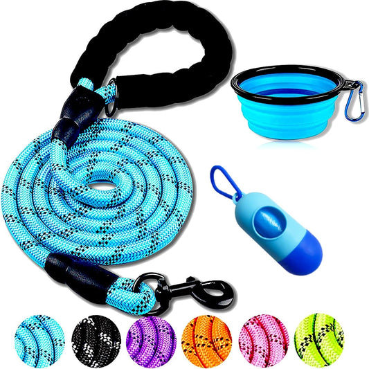 Dog Leash - 2FT/5FT/6FT Thick Nylon Rope with Comfortable Padded Handle, Reflective, Collapsible Pet Bowl & Garbage Bags (Blue, 1/3" X 5 FT)