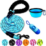 Dog Leash - 2FT/5FT/6FT Thick Nylon Rope with Comfortable Padded Handle, Reflective, Collapsible Pet Bowl & Garbage Bags (Blue, 1/3" X 5 FT)