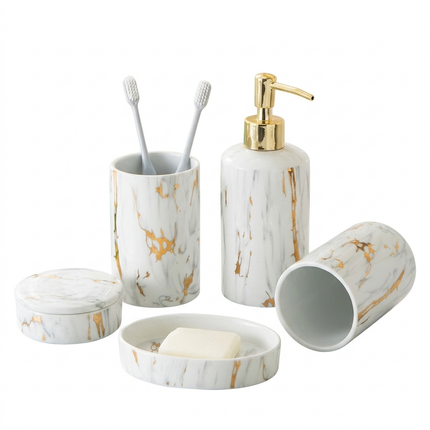 Marble Ceramic Bathroom Wash Kit - 5-Piece Luxury Accessory Set