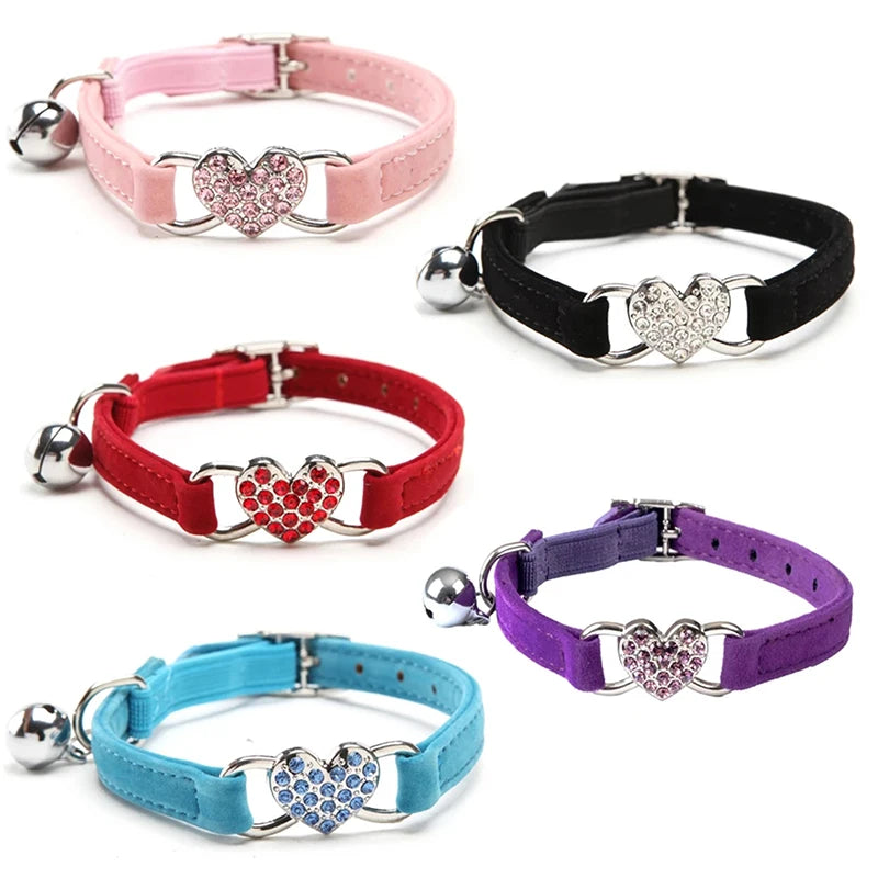 Heart Charm Cat Collar - Soft Velvet Safety Elastic with Bell (8 Colors) - Deribla Store