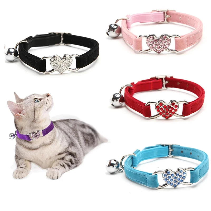 Heart Charm Cat Collar - Soft Velvet Safety Elastic with Bell (8 Colors) - Deribla Store