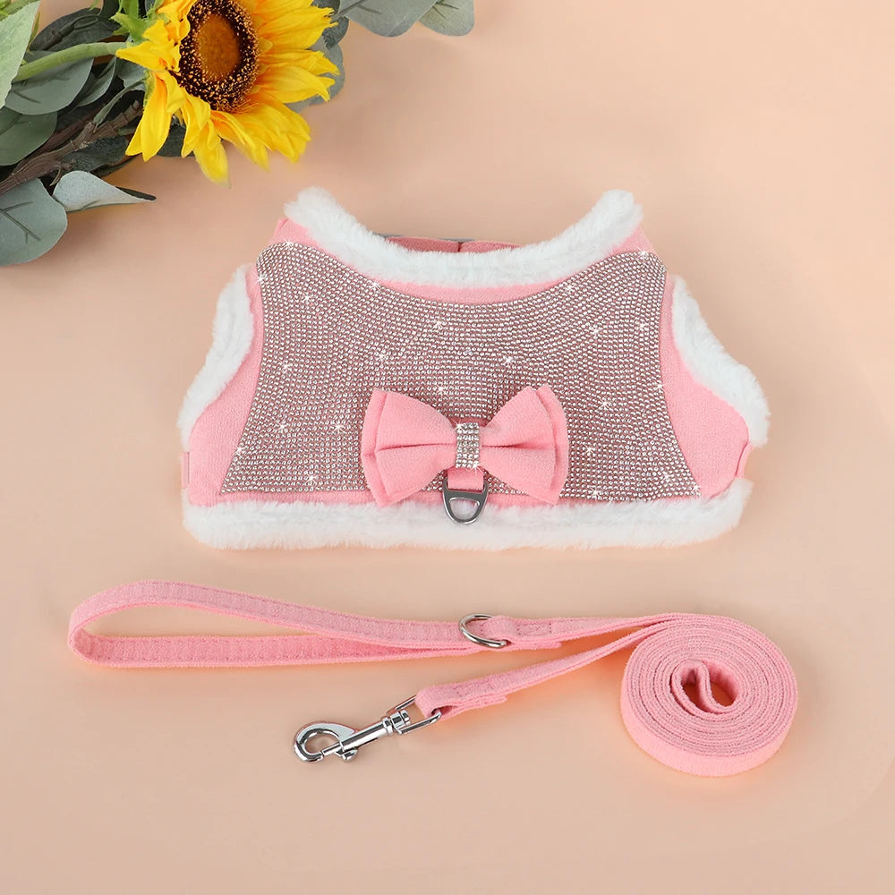 Rhinestone Dog Harness & Leash Set - Soft Warm Vest with Bowknot for Small Dogs & Cats - Deribla Store