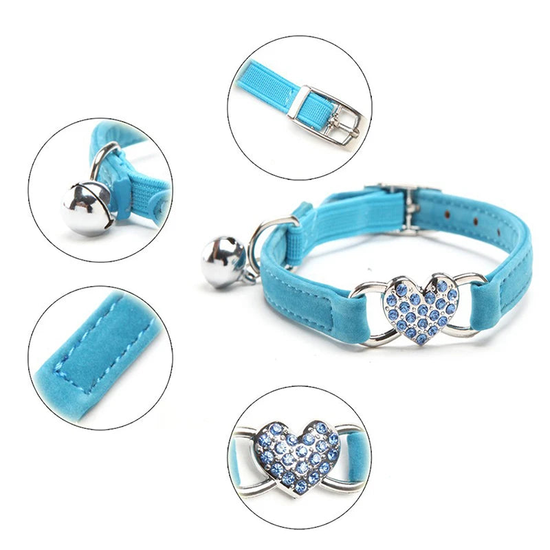 Heart Charm Cat Collar - Soft Velvet Safety Elastic with Bell (8 Colors) - Deribla Store