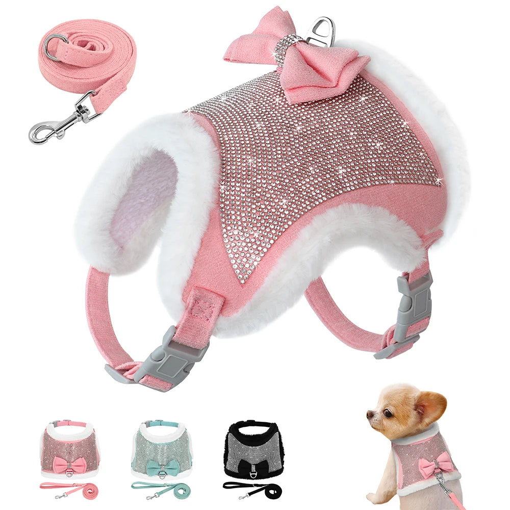 Rhinestone Dog Harness & Leash Set - Soft Warm Vest with Bowknot for Small Dogs & Cats - Deribla Store
