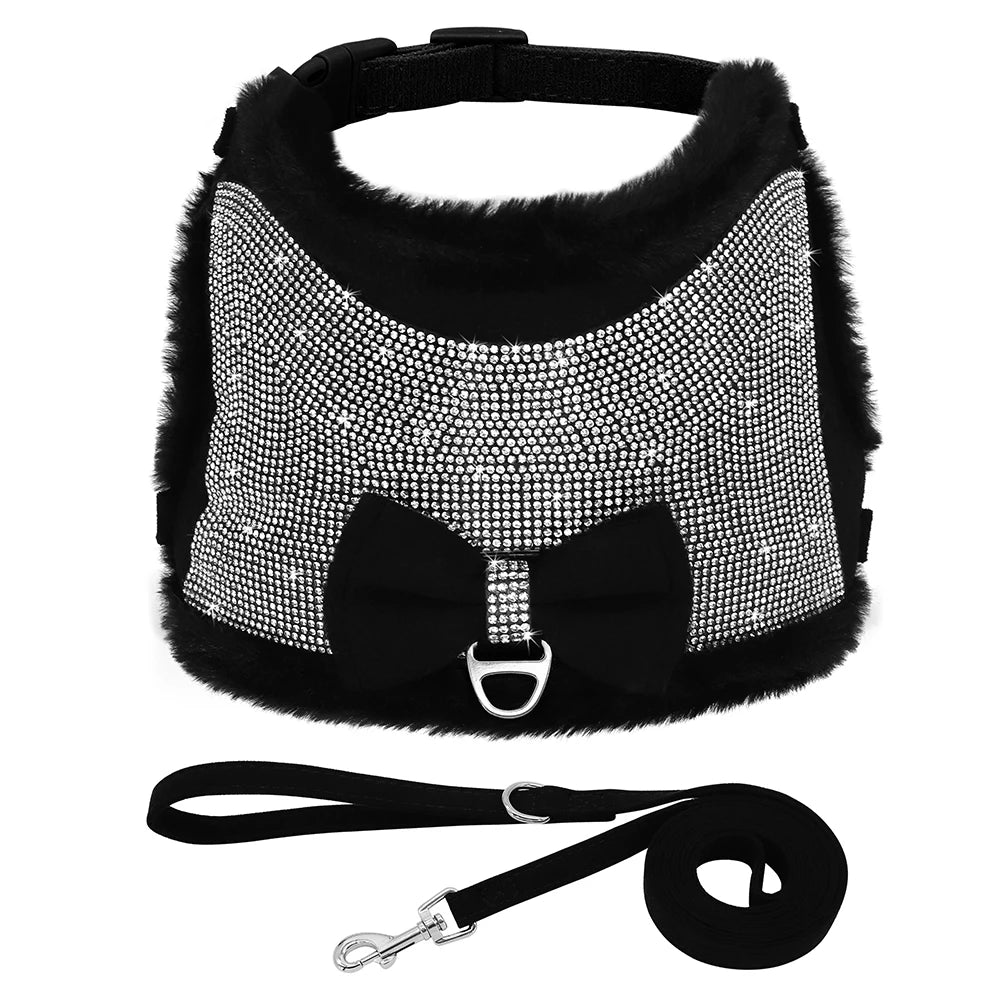 Rhinestone Dog Harness & Leash Set - Soft Warm Vest with Bowknot for Small Dogs & Cats - Deribla Store