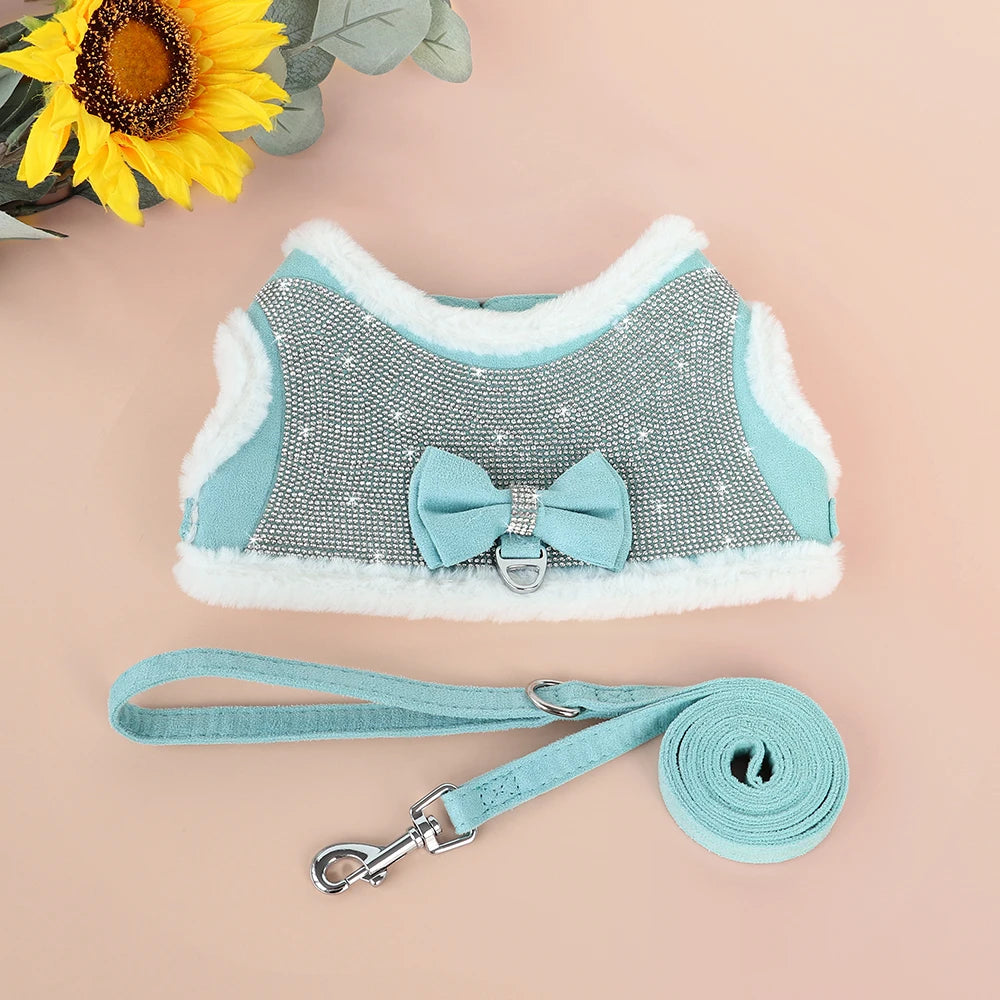 Rhinestone Dog Harness & Leash Set - Soft Warm Vest with Bowknot for Small Dogs & Cats - Deribla Store