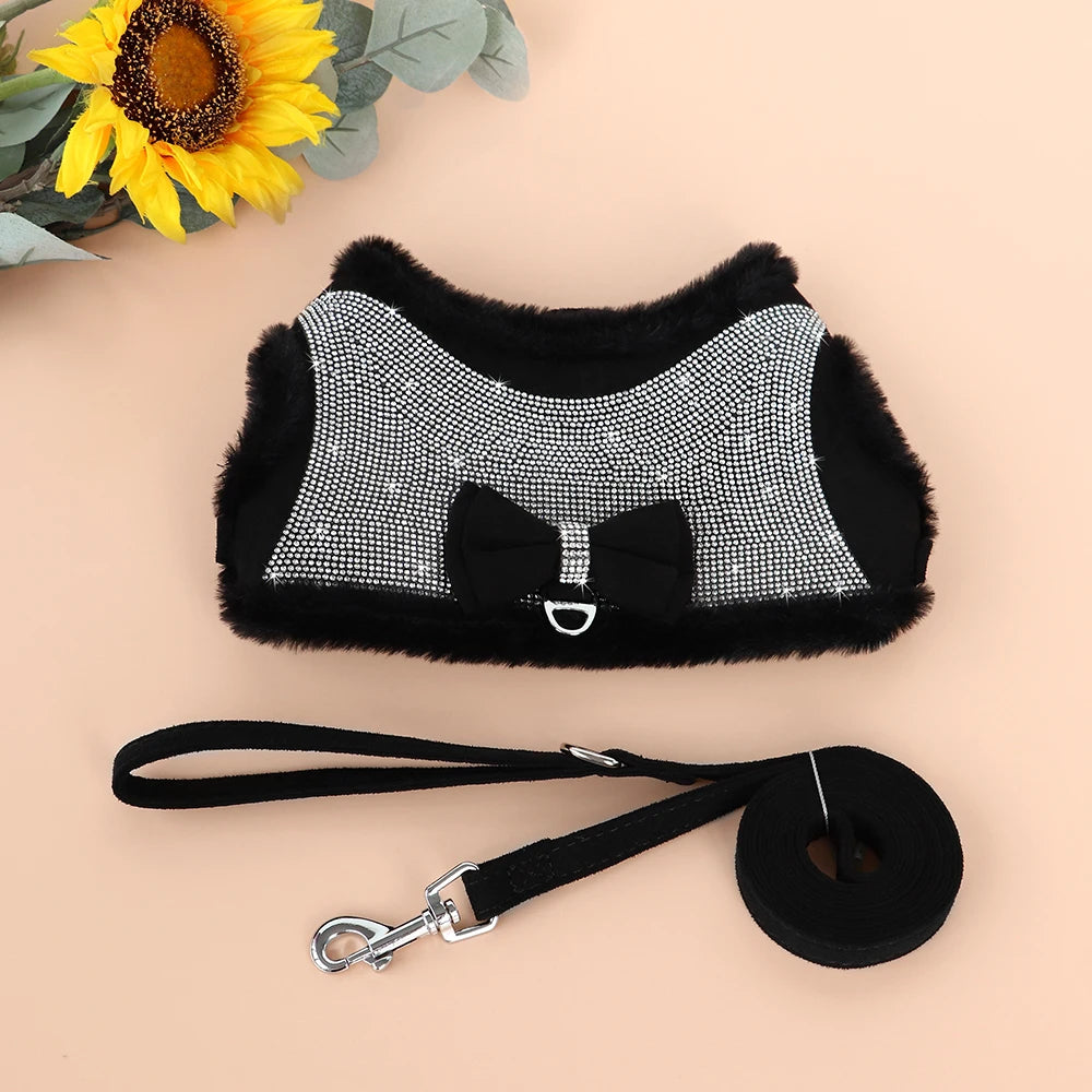 Rhinestone Dog Harness & Leash Set - Soft Warm Vest with Bowknot for Small Dogs & Cats - Deribla Store