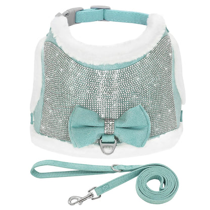 Rhinestone Dog Harness & Leash Set - Soft Warm Vest with Bowknot for Small Dogs & Cats - Deribla Store