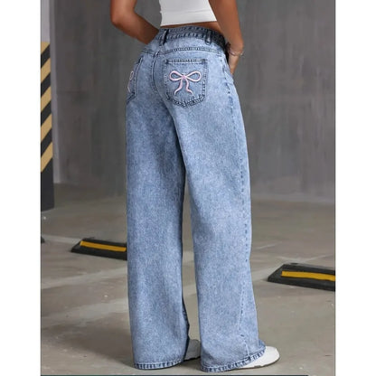 Denim Wide Leg Jeans High waisted  Bow Embroidered Pocket Wide