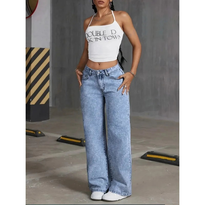 Denim Wide Leg Jeans High waisted  Bow Embroidered Pocket Wide
